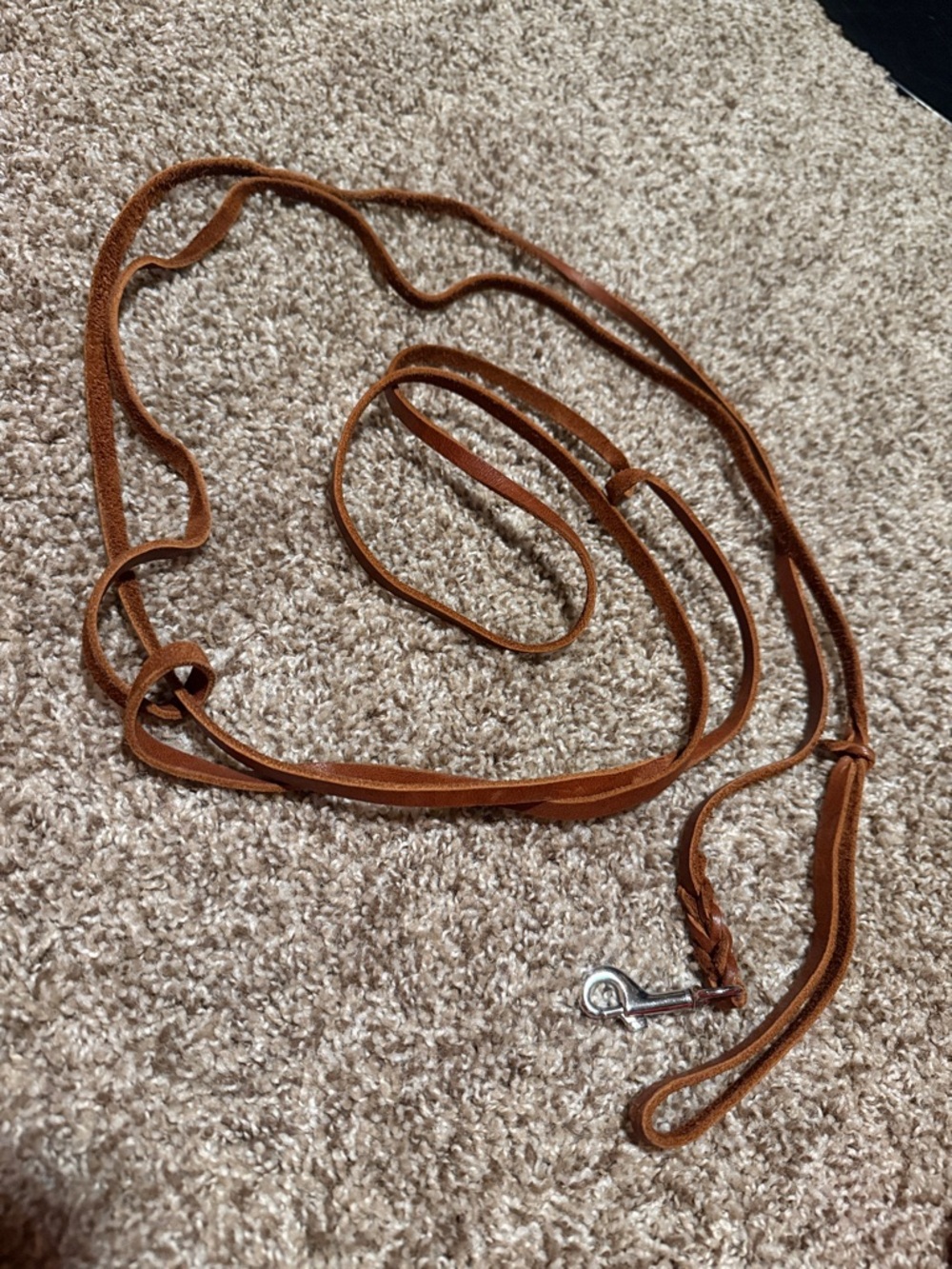 Extra-long 100” Brown Leather Dog Leash w/Braided Detail & silvertone clip hook